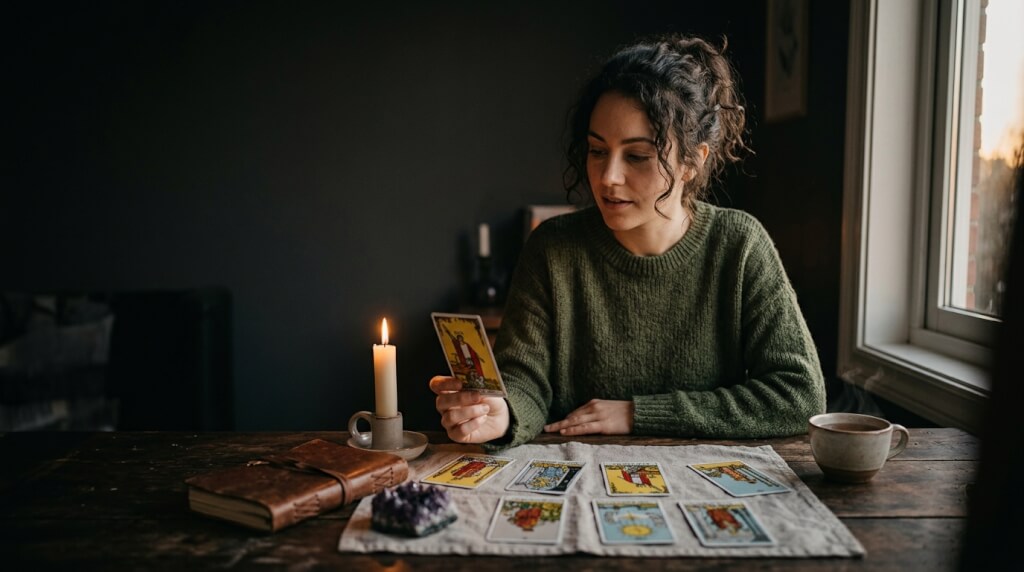Tarot cards and crystals used for intuitive readings